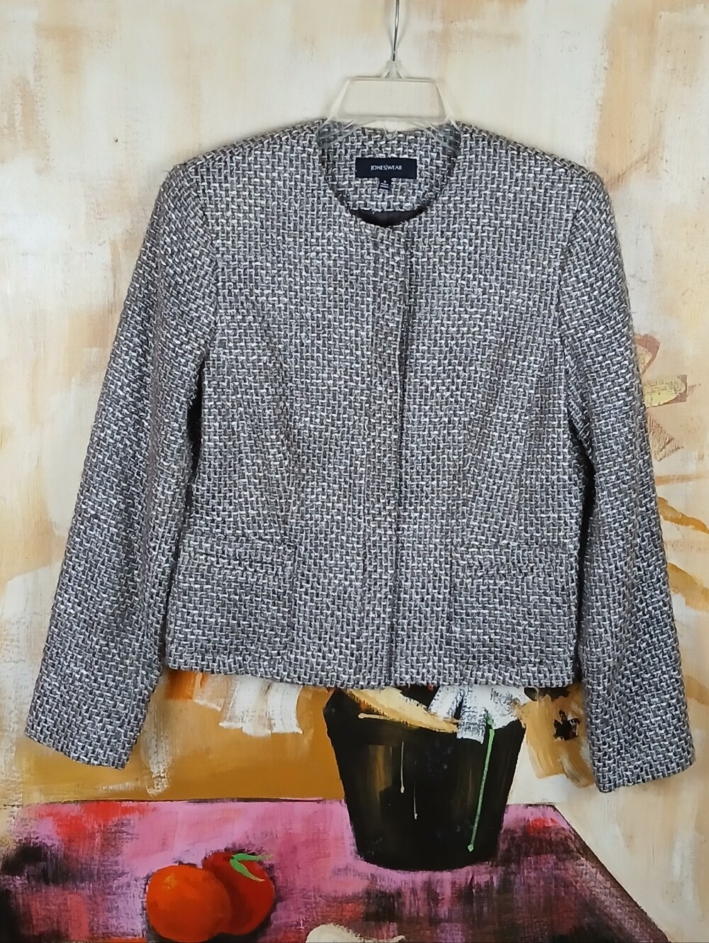 Jones Wear Women's Gray Metallic Tweed Full-Zip Lined Jacket - Size 8
